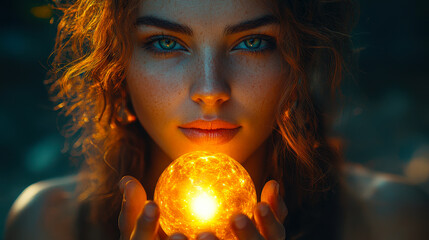 Mystical Woman Holding Illuminated Crystal Ball at Twilight, Intense Stare with Spiritual Energy and Prophecy Vibes