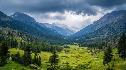Fototapeta premium Serene valley landscape under a moody sky in the mountains