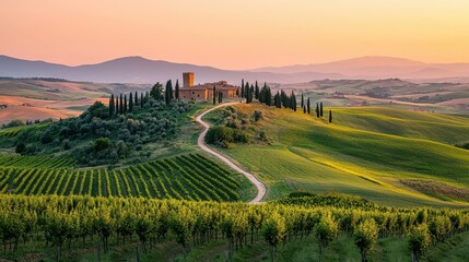 Naklejka premium Serene countryside landscape with rolling hills and cypress trees at sunset