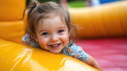 Obraz premium Bounce House Fun: Happy Toddler Bouncing on Inflatable Castle Trampoline