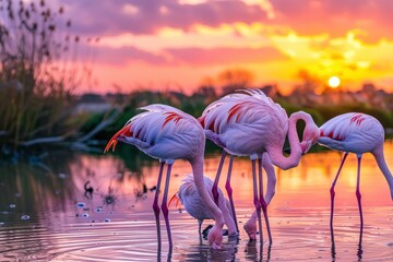 Beautiful graceful pink flamingo birds standing in a lake against a bright pink yellow sunset. Birds in the wild, animal wallpapers