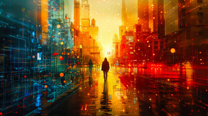 Futuristic Smart City with Digital Network Connection at Dawn Featuring Silhouetted People and Illuminated Buildings