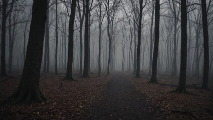 Obraz premium Mystical Autumn Woods Moody Forest Scene with Golden Leaves