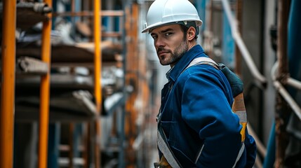 plumber in dark blue clothes, with white hard hat, ensuring safety on construction site