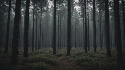 Fototapeta premium Mystical Pine Forest in Dramatic Twilight