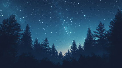 Fototapeta premium Pine forest with a clear night sky filled with stars, highlighting astrotourism