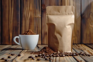 Craft paper zip bag with coffee beans, coffee cup and scattered beans on wooden background. Coffee advertising mockup, eco coffee packaging for design and logo application