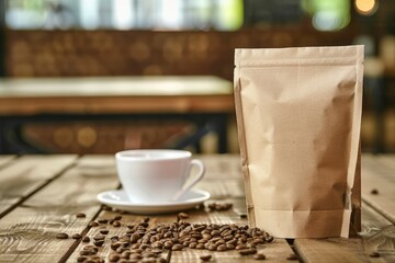 Craft paper zip bag with coffee beans, coffee cup and scattered beans on wooden background. Coffee advertising mockup, eco coffee packaging for design and logo application