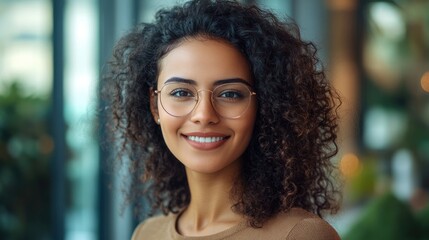 Consumer Profile. Portrait of Confident Hispanic Businesswoman Smiling in Office Building