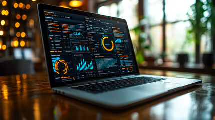 SEO Strategies with Marketers Optimizing Website Content Using AI Technology on a Laptop in Modern Office, Digital Marketing Data Analytics Dashboard, Daytime, Professional Workspace