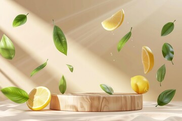 Wooden podium for product demonstration, cosmetics and flying lemons, green leaves on beige background with sun glare. Stage for advertising natural eco product with vitamin C, mockup