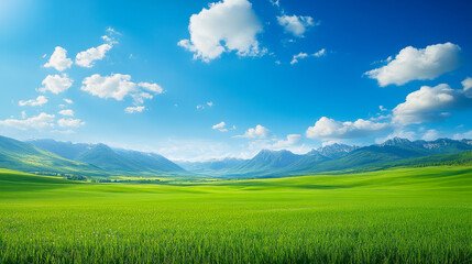 Fototapeta premium Vast Green Grass Field Under Bright Blue Sky and Puffy White Clouds with Majestic Mountain Range in Background, Serene Natural Landscape Perfect for Relaxation and Outdoor Activities
