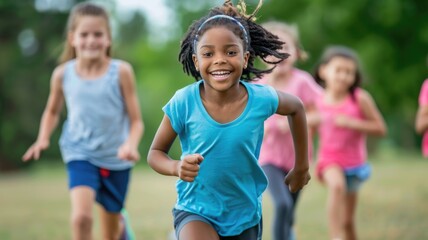 group of diverse children happily running outdoors, enjoying a fun and active day in the park,