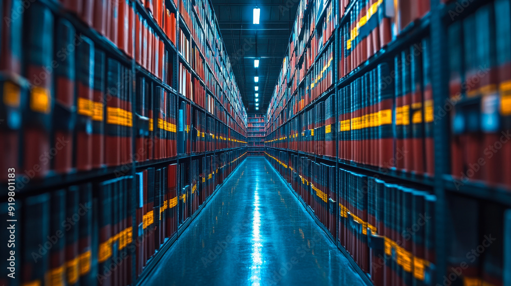 Poster technology-powered document management system in dimly lit archive room showcasing version control a