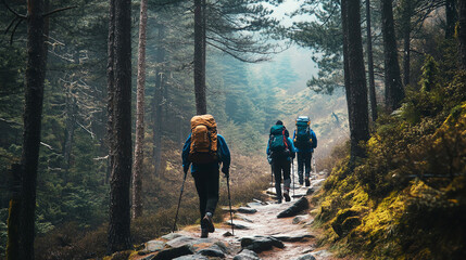 Obraz premium Trekkers navigating a rocky path through dense pine woods