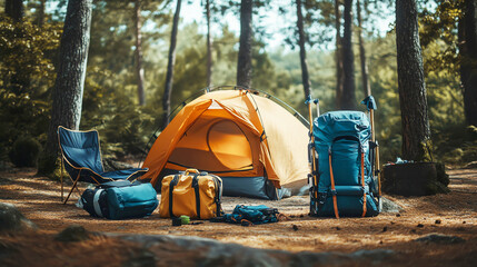 Adventurers gear set up at a campsite in the woods, ready for a trekking journey