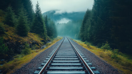 Fototapeta premium Serene Railroad Track Curving Through Lush Green Forest on a Foggy Morning - Tranquil Nature Scene, Wilderness Adventure, and Peaceful Travel Concept
