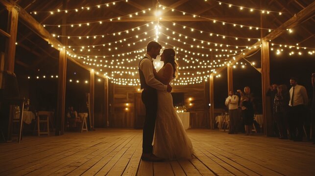 A bride and groom dance together in a dimly lit barn adorned with twinkling string lights during their wedding reception.