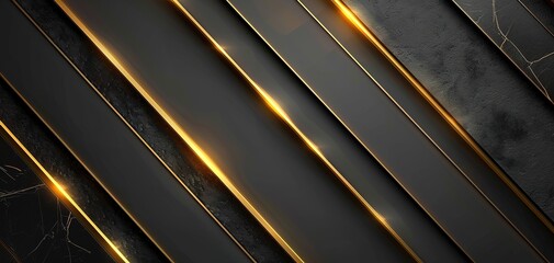 Abstract black and gold diagonal stripes background with light reflections.
