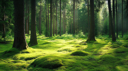 Obraz premium Quiet forest glade with a soft carpet of moss, ideal for relaxation
