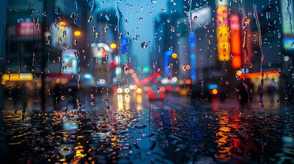 Fototapeta premium a city street with a lot of traffic and rain on the window