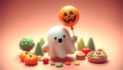 Obraz premium Cute Ghost with Pumpkin Balloon and Halloween Treats