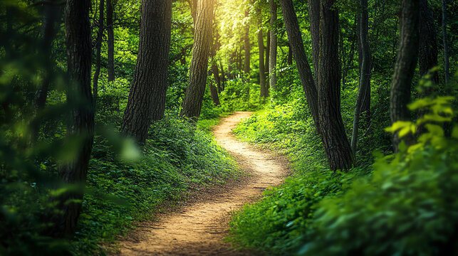 A narrow path winding through a dense forest, inviting exploration and adventure