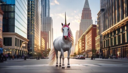 Obraz premium Urban Unicorns- A unicorn in a modern city setting, perhaps standing in front of skyscrapers or wandering down a busy street, blending fantasy with reality