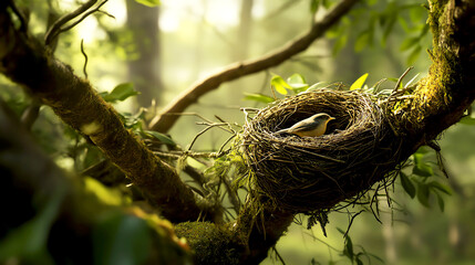 Closeup of a bird s nest nestled in the branches, showcasing the forest as a nurturing habitat © BURINKUL
