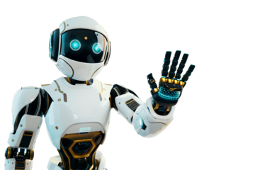 Greeting robot waves his hand, hello technology of future. Friendly character android. Robot communication and help, computer. Isolated cut on transparent background