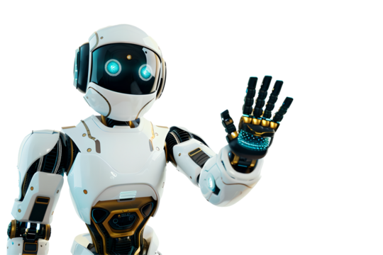 Greeting robot waves his hand, hello technology of future. Friendly character android. Robot communication and help, computer. Isolated cut on transparent background