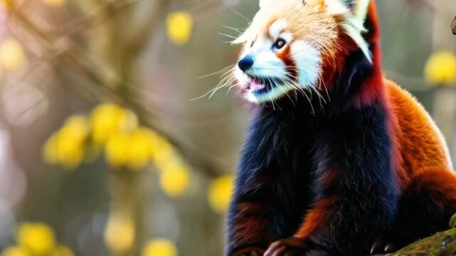 Famous Red Panda Perched on a Tree Gazing into a Spring Forest  Looking Very Beautiful