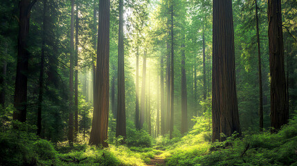 Obraz premium Dense forest with towering trees, creating a natural cathedral of green