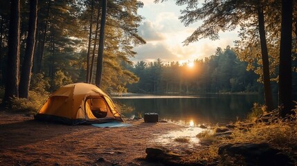 Camping by the lake with a tent