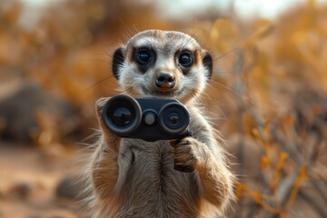 Fototapeta premium Meerkat Safari Guide Capturing Moments During Adventure Tour in Golden Landscape