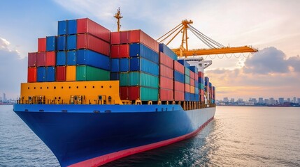 Fototapeta premium A vibrant cargo ship loaded with colorful containers sailing through calm waters at sunset, showcasing maritime industry and trade.