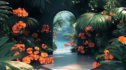 Obraz premium Digital archway with tropical flowers and palm leaves, evoking a paradise island vibe