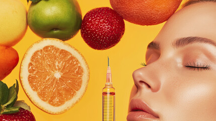 Elegant scene featuring a model during IV vitamin therapy, surrounded by fresh fruits, showcasing the rejuvenating benefits of nutrient-rich hydration
