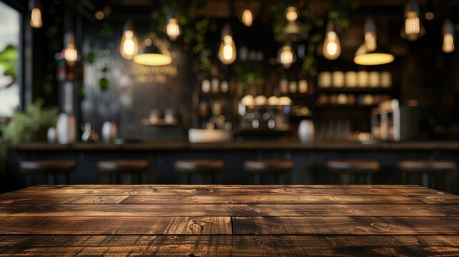 Blurry restaurant background with wooden tabletop for product display or design layout with empty space.