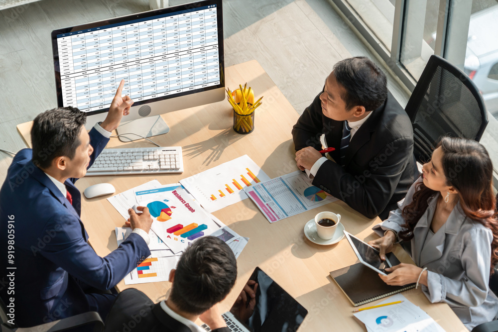 Poster accounting software on computer screen showing financial statement spreadsheets and account balance 