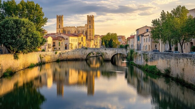 France Narbonne. Ancient Historic Town with Bridge over River in Europe