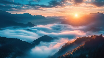 Fototapeta premium Majestic Sunrise Above the Clouds in Mountain Range - Breathtaking aerial view of a sunrise casting vibrant hues over a sea of clouds and distant mountain peaks. Perfect for nature lovers.