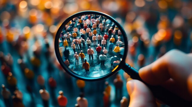 The magnifying glass makes one person stand out from the crowd, symbolizing choice and leadership.