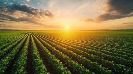 Sunrise over a lush green farm field with rows of crops stretching into the distance