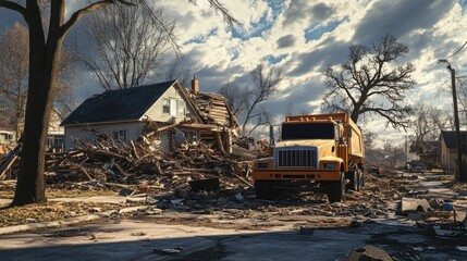 Fototapeta premium Debris Removal After Tornado Damage: Cleanup Truck at House with Fallen Tree