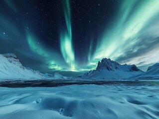 Naklejka premium Aurora borealis over snowy landscape