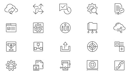 Branding line icon set. Containing marketing, product, brand value, design, logo, brand development, social media, advertising Outline icon collection. UI thin line icon pack.