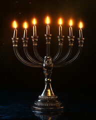 Fototapeta premium Antique Menorah with Glowing Candles in Dark, Elegant Ambiance