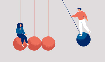 Man and woman swings and slows down on the pendulum to meet. Personal growth and long distance relationships. Compromise and dynamics in love partnership.  Vector illustration