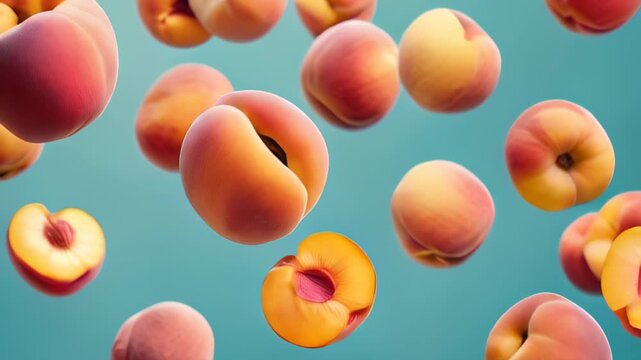 A bunch of peaches are flying through the air